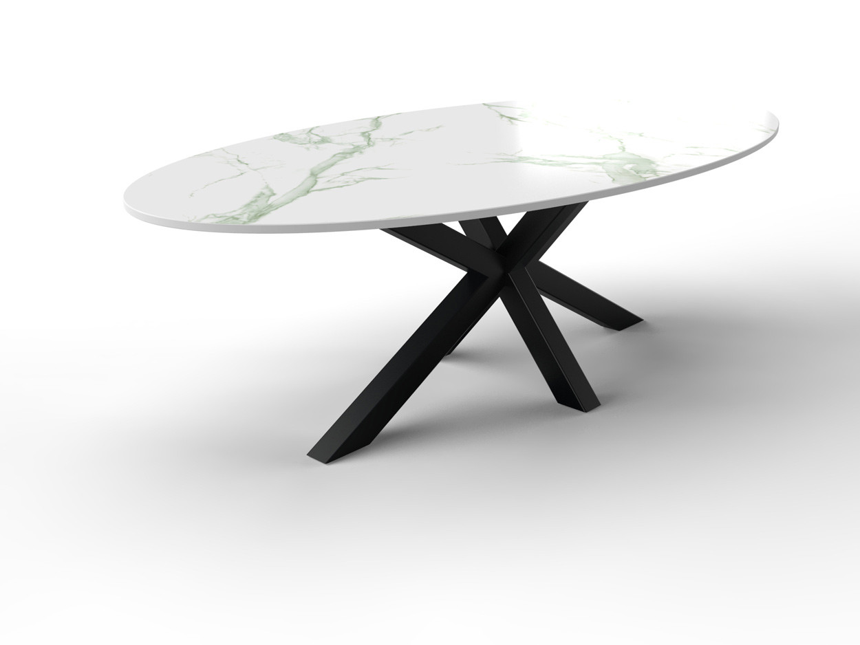 Ovale marmeren tafel gemaakt met stalen onderstel