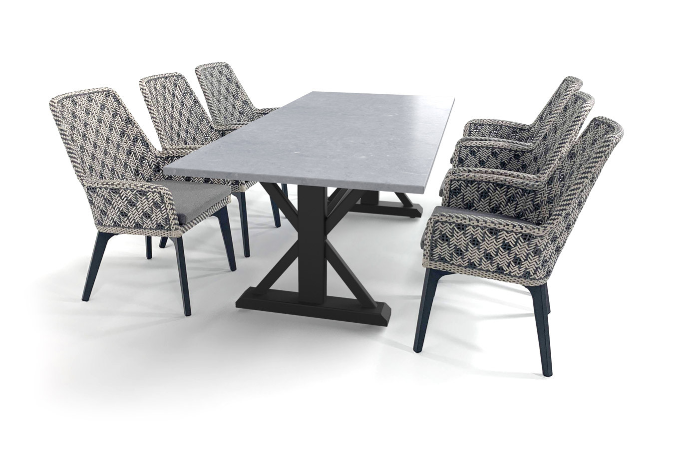 biologisch erectie renderen Robuuste tuintafel met betonlook Belgisch hardsteen (geschuurd) tafelblad  en Savoy stoelen