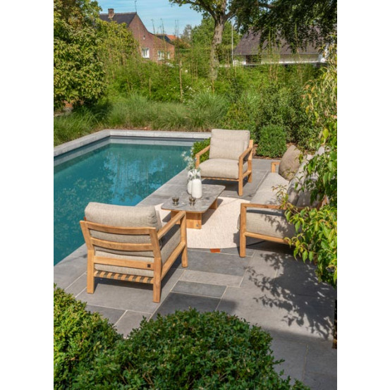 Lucas living bench 3 seater natural teak with 6 cushions