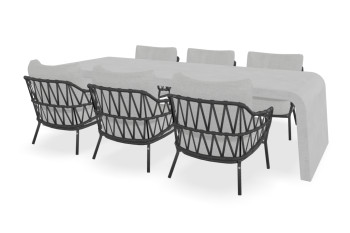 Rechthoekige betonlook low-dining tafel Liv met Calpi low dining stoelen