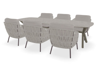 Rechthoekige bootvorm Dekton Grigio low-dining tafel Teano met Mallorca low dining stoelen