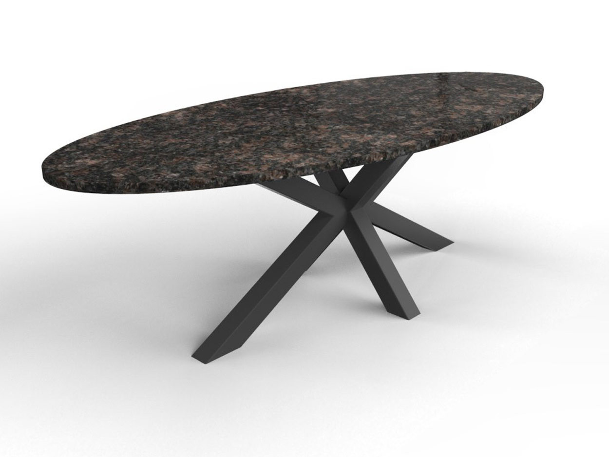 Ovale natuursteen tafel met granieten blad en matrix onderstel