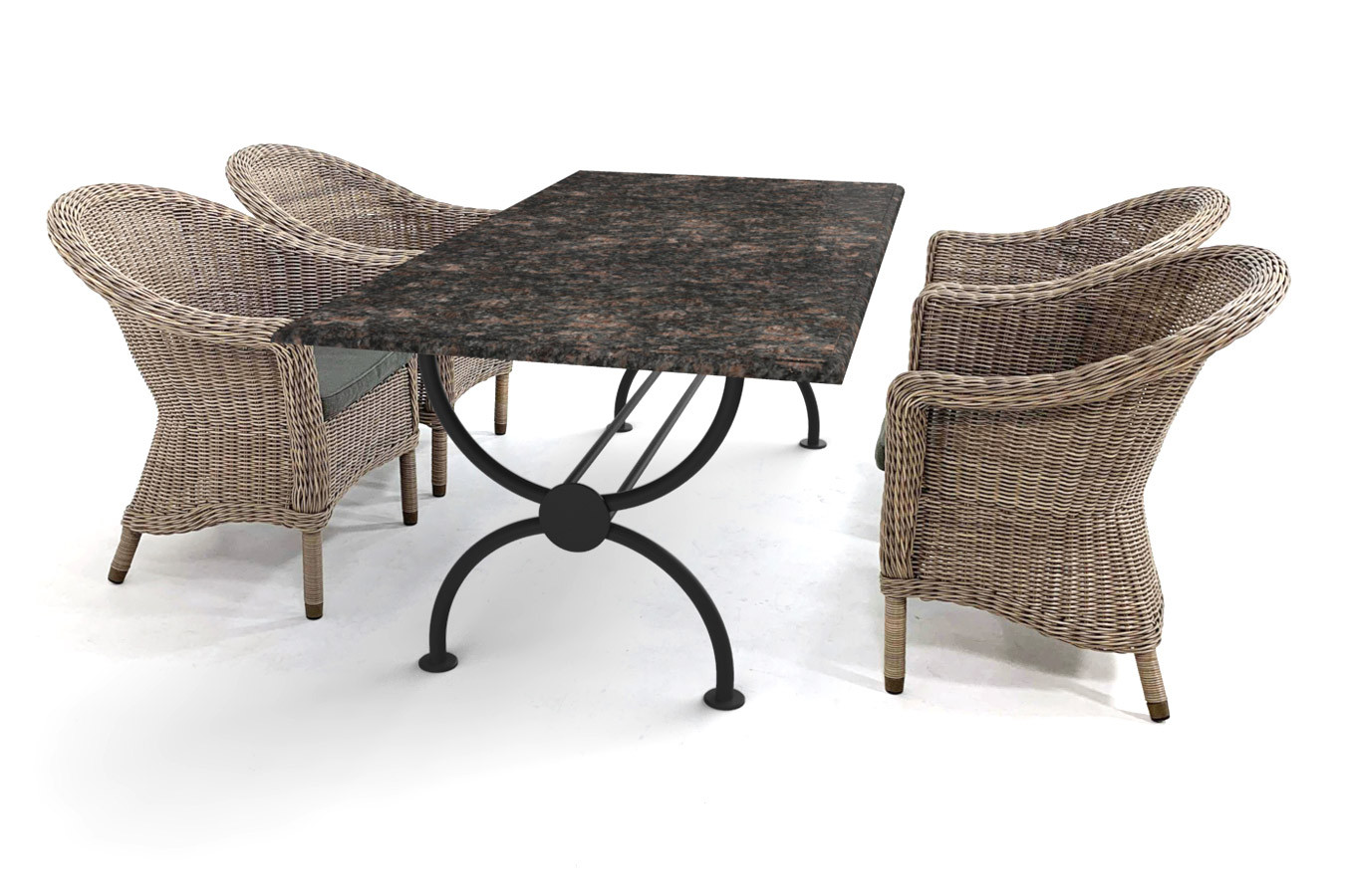 Granieten tuintafel met klassiek Rondo tafelonderstel en heerlijke vlechtwerk stoelen van 4SO